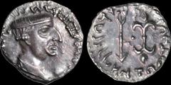 Central Asian ANCIENT CENTRAL ASIA. Indo-Scythian. Kshaharatas Nahapana. 1st Century A.D. AR drachm. 2.22 gm. 16 mm. Draped bust right wearing cap, Greek legend around / An arrow and a thunderbolt wit
