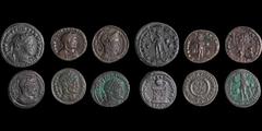 Roman Imperial CONSTANTINE I. SIX BRONZE COINS.•Follis. Sol standing facing, head left, a globe in left hand. RIC 88 (London). Eng SC 598. VF.•Æ 3. Similar theme. RIC 62 (R4) (Lyon). VF+.•Follis. Two 