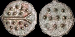Celtic CELTIC BRITAIN. South Western Region. Durotriges. Ca 58 B.C. - A.D. 43. Æ stater, cast bronze. 3.46 gm. 18 mm. Spike, pellets on sides / Three rows of pellets, 3 - 4 - 3 array. ABC 2196. S. 372
