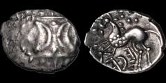 Celtic CELTIC BRITAIN. East Anglian Region, Iceni. Ecen. A.D. 10-43?. AR unit. 1.19 gm. 16 mm. Double crescent emblem / Horse left, numerous pellets, ECE retrograde below. ABC 1669; S. 445 var. Good V