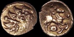 Celtic CELTIC BRITAIN. Southern Region. Atrebates. First Century B.C. AV quarter stater. 1.36 gm. 13 mm. Wreath design with hidden face (cf ABC, p 48 for demonstration) / Horse leaping right, sun abov