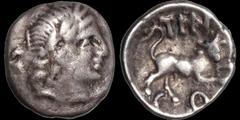 Celtic CELTIC BRITAIN. Southern: Regini and Atrebates. Tincomarus. Ca 25 B.C - A.D. 10. AR unit. 1.21 gm. 11.5 mm. A laureate head of classic style right (imitative of Alexander drachms) / A bull runn
