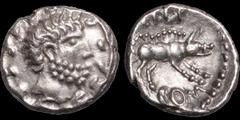 Celtic CELTIC BRITAIN. Southern: Regini and Atrebates. Eppilus. Ca 20 B.C. - A.D. 1. AR unit. 1.3 gm. 11.5 mm. A realistic bearded head right, a border of vines / A boar with bristles raised right; EP