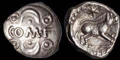 Celtic CELTIC BRITAIN. Southern: Regini and Atrebates. Verica. Circa A.D. 10-40. AR unit. 1.23 gm. 11 mm. Verica Smiley type. Two crescents, four pellets at corners; COMI .F in center / A boar running