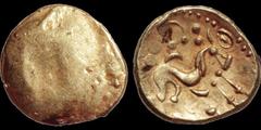 Celtic Britain CELTIC BRITAIN. Ambiani. Circa 50 B.C. AV Gallic War uniface stater. 6.27 gm. 18 mm. Essentially plain / A "sinuous" horse right. S. 11. ABC 16. Good Very Fine. (Gallic War staters were