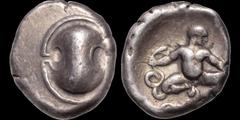 Greek BOEOTIA. Thebes. 425-400 B.C. AR stater. 11.73 gm. 23.5 mm. Aeginetic standard. Boeotian shield / Hercules as an infant, nude, seated front, facing right, strangling a serpent with each hand. Cf