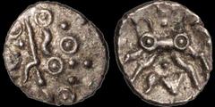 Celtic Britain CELTIC BRITAIN. Western Region. Eisu. Circa 20-43 A.D. AR unit. 1.1 gm. 13 mm. Stylized head right, pellet triads for hair, pellet in ring for eye / Triple tailed annulet horse. S. 382.