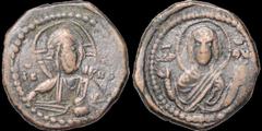 Byzantine BYZANTINE EMPIRE. Romanus IV. 1068-1071. Æ follis (anonymous). 12.15 gm. 27 mm. Bust of Christ Pantokrator facing; IC XC / Facing bust of the Theotokos (Virgin Mary), orans, MP monogram left
