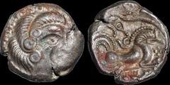 Celtic Britain CELTIC BRITAIN. Armorica (Channel Islands and NW Gaul). Coriosolites, uninscribed coinage. Circa 75-50 B.C. Billon stater. 6.46 gm. 21 mm. Celticized head of Apollo right / A celticized