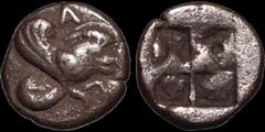 Greek IONIA. Klazomenai. Late 5th Century B.C. AR diobol. .97 gm. 10.5 mm. Forepart of a winged boar flying right; A above / Incuse square. SNG von Aulock 1984. Near Very Fine; attractive old toning; 
