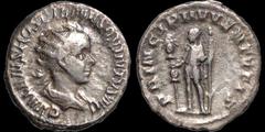 Roman Imperial Hostilian. As Caesar, A.D. 251. AR antoninianus. 4.74 gm. 21 mm. Rome mint. His radiate and draped bust right; C VALENS HOSTIL MES QVINTVS N C / Hostilian standing left, holding standar