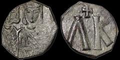 Byzantine BYZANTINE EMPIRE. Leo V. 813-820. Æ follis. 3.77 gm. 19 mm. Facing busts of Leo with short beard on left and Constantine with no beard on right, each wearing crown and chlamys, pellet betwee