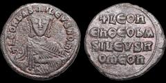 Byzantine BYZANTINE EMPIRE. Leo VI, the Wise. 886-912. Æ follis. 8.16 gm. 26 mm. Constantinople mint. Facing bust, wearing a crown and chlamys; +LEON BAS – ILEVS ROMI / +LEON EhΘEObA SILEVSR OMEOh in 