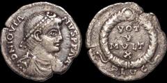 Roman Imperial Jovian. 363-364. AR reduced siliqua. 1.4 gm. 16 mm. Lyons (Lugdunum) Irregular issue. Bust right, draped, cuirassed and with a pearl diadem; D N IOVIA–NVS P P AVG / VOT | V | MVLT | X i
