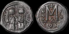 Byzantine BYZANTINE EMPIRE. Justin II. 565-578. Æ follis. 13.04 gm. 29 mm. Constantinople mint, 1st officina. Regnal year 6 (570/1). Justin on left holding globus cruciger and Sophia on right holding 