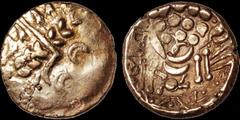 Celtic Britain CELTIC BRITAIN. Circa 80-50 B.C. AV Stater. 5.79 gm. 18.5 mm. Early uninscribed coinage. Chute type. Devolved head of Apollo right / Disjointed horse left, crab-like creature below, pel