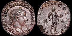 Roman Imperial Gordian III. A.D. 238-244. Æ sestertius. 15.53 gm. 27 mm. Rome mint, fourth issue. His laureate, draped, and cuirassed bust right; IMP GORDIANVS PIVS FEL AVG / Gordian in military dress