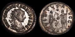 Roman Imperial Carus. A.D. 282-283. Antoninianus. 3.93 gm. 22 mm. Antioch mint, 3rd officina. His radiate, draped, and cuirassed bust right; IMP C M AVR CARVS P F AVG / Carus standing right, receiving