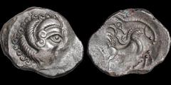 Celtic Britain CELTIC BRITAIN. Belgic Migration. Armorican: Channel Isles and NW Gaul. Circa 75-50 B.C. Billon stater. 6.13 gm. 25 mm. Stylized head right / Stylized horse right, figure above, boar be