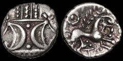 Celtic Britain CELTIC BRITAIN. East Anglian Region, Iceni. Antedios. A.D. 10-30?. AR unit. 1.20 gm. 13 mm. Double crescent emblem / Horse right, T followed by three pellets below. ABC 1642 var. S. 441
