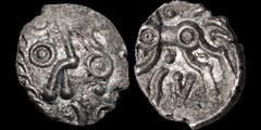 Celtic Britain CELTIC BRITAIN. Western Region. Dobunni. Eisu. Circa A.D. 20-43. AR unit. 1.26 gm. 13 mm. Disjointed head right / Stylized horse left. ABC 2084 (very rare). S. 382. Good Very Fine; tone