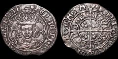British Hammered Henry VII. 1485-1509. AR groat. 2.87 gm. 29 mm. Medieval style. Class III. London. Escallop i.m. Facing bust, crown double arched with jewels; realistic hair ; HENRIC DI GRA REX ANGL 