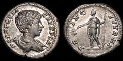 Roman Imperial Geta. As Caesar, A.D. 197-209. AR denarius. 3.36 gm. 19 mm. Rome mint. Struck circa A.D. 200-202. Young Geta's bare headed and draped bust right; P SEPT GETA CAES PONT / Geta standing l