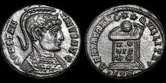 Roman Imperial Constantine I (the Great). A.D. 307-337. ® follis. 2.49 gm. 18 mm. Treveri (Trier) mint, 2nd officina. Struck A.D. 323. His helmeted and cuirassed bust right; CONSTANTINVS AVG / Globe s