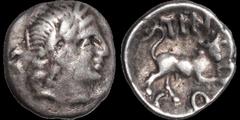 Celtic Britain CELTIC BRITAIN. Southern: Regini and Atrebates. Tincomarus. Circa 25 B.C - A.D. 10. AR unit. 1.21 gm. 11.5 mm. Laureate head of classic style right (imitative of Alexander drachms) / Bu