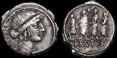 Roman Republican ROMAN REPUBLICAN. Q. Servilius Caepio (M. Junius) Brutus. 54 B.C. AR denarius. 4.06 gm. 20 mm. Rome mint. Head of Libertas right, adorned with earring and necklace; LIBERTAS behind / 