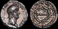 Roman Imperial Nero. A.D. 54-68. AR denarius. 3.51 gm. 18 mm. Rome mint. Struck A.D. 60-61. His bare head right; NERO CAESAR AVG IMP / PONTIF MAX TR P VII COS IIII P P around oak wreath enclosing EX S