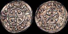 Medieval FRANCE. MEDIEVAL. Normandy (Duchy). Richard I ("the Fearless"). 943-996. AR denier. 1.27 gm. 20 mm. Cross, pellets in angles; +RICARDVSI / A temple with pediment, cross of St. Andrew base; +R