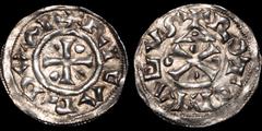 Medieval FRANCE. MEDIEVAL. Normandy (Duchy). Richard I ("the Fearless"). 943-996. AR denier. 1.1 gm. 20 mm. Cross, pellets in angles; +RICARDVSI / A temple with pediment, cross of St. Andrew base; +RO