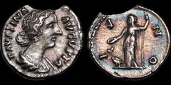 Roman Imperial Faustina Junior. Augusta, A.D. 147-175. AR denarius. 2.79 gm. 18 mm. Rome mint. Struck under Marcus Aurelius, circa A.D. 170-175/6. Her draped bust right, wearing single circlet of pear