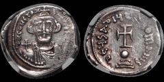Byzantine BYZANTINE EMPIRE. Constans II. 641-668. AR hexagram. 6.68 gm. 22 mm. Constantinople mint. His crowned bust facing with medium-length beard, wearing chlamys and holding globus cruciger / Cros