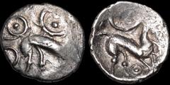 Celtic Britain CELTIC BRITAIN. North Eastern region. Corieltauvi, uninscribed silver. AR unit. 1.20 gm. 15 mm. Boar right; two linear circles with central pellet above and another behind / Horse right