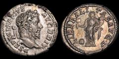 Roman Imperial Geta. A.D. 209-211. AR denarius. 2.93 gm. 19 mm. Rome mint. Struck A.D. 210-212. His laureate head right; P SEPT GETA PIVS AVG BRIT / Liberalitas standing left, holding abacus and cornu