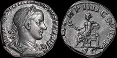 Roman Imperial Gordian III. A.D. 238-244. Æ sestertius. 15.96 gm. 26 mm. Rome mint. A.D. 241. His laureate, draped, and cuirassed bust right; IMP GORDIANVS PIVS FEL AVG / Apollo seated left, holding b