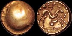 Celtic Britain CELTIC BRITAIN. Gallic War. The Ambiani. Circa 55 B.C. AV stater. 6.18 gm. 20 mm. Mostly blank, a few design elements / Stylized horse right, pellet below. S. 11. Van Arsdell 6-1. ABC 1
