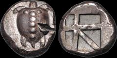 Greek ISLANDS OFF ATTICA. Aegina. Circa 480-457 B.C. AR stater. 12.32 gm. 19 mm. Sea turtle, viewed from above, head turned sideways, with 'T-back' design with trefoil collar / Large square incuse wit