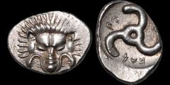 Greek DYNASTS OF LYCIA. Perikles. Circa 380-360 B.C. AR tetrobol. 2.86 gm. 18 mm. Facing lion's scalp / ΠΕ-PΕ-ΚΛE around triskeles. SNG von Aulock 4254-4255 var. Extremely Fine; light attractive tonin