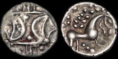 Celtic Britain CELTIC BRITAIN. East Anglian Region, Iceni. Ecen. Circa A.D. 10-43(?). AR unit. 1.21 gm. 18 mm. Double crescent emblem / Horse right, CE below. S. 443A var. ABC 1657. Near Very Fine; to