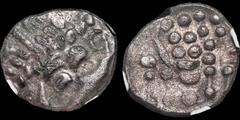 Celtic Britain CELTIC BRITAIN. South Western Region. Durotriges. Circa 58 B.C.-A.D. 43. Billon stater. 3.84 gm. 19 mm. Devolved head of Apollo right / Disjointed horse left, pellet below, pellets abov