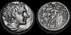 Greek MACEDON. Pella. Circa 187-168/7 B.C. Æ hemiobol. 6.93 gm. 18 mm. Draped bust of Pan wearing goat horns, to right / Athena Alkidemos advancing right, hurling spear and holding shield; monogram to
