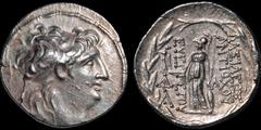 Greek KINGS OF CAPPADOCIA. Ariarathes VI Epiphanes Philopator. Circa 118-106 B.C. AR tetradrachm. 16.45 gm. 28 mm. In the name and types of Antiochos VII of Syria. Mint II, emission 10. Diademed head 