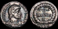 Julian II. As Caesar, A.D. 355-360. AR reduced siliqua. 1.96 gm. 16 mm. Arelate (Arles) mint, 3rd officina. His bareheaded, draped, and cuirassed bust right; D N IVLIANVS NOB CAES / VOTIS | V | MVLTIS