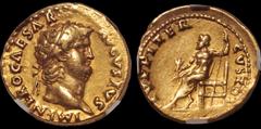 Roman Imperial Nero. A.D. 54-68. AV aureus. 19 mm. Rome mint. Struck circa A.D. 66-67. His laureate head right; IMP NERO CAESAR AVGVSTVS / Jupiter seated left on throne, bare to waist with cloak aroun