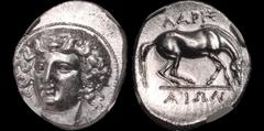 Greek THESSALY. Larissa. Circa 356-342 B.C. AR drachm. 6 gm. 18.5 mm. Head of the nymph Larissa facing slightly left / Horse crouching right, preparing to roll; ΛΑΡΙΣ above, ΑΙΩΝ in exergue. Cf. BCD T