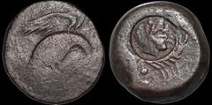 Greek SICILY. Akragas. Circa 415-406 B.C. Æ tetras. 8.75 gm. 20.5 mm. Eagle standing right, [tearing at hare] / Crab; six pellets around, crayfish below; c/m: head of Herakles right, wearing lion skin