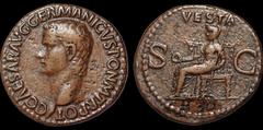 Roman Imperial Gaius (Caligula). A.D. 37-41. Æ as. 10.85 gm. 29 mm. Rome mint. Struck A.D. 37-38. His bare head left; C CAESAR AVG GERMANICVS PON M TR POT / Vesta seated left on ornamental throne, hol
